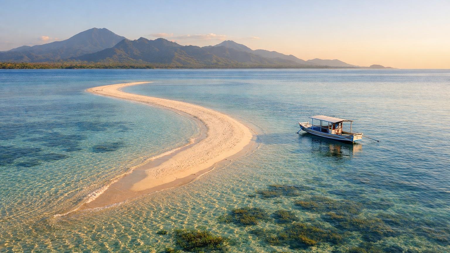 Narrow white sandbar and boat at Gili Putih Sumberkima