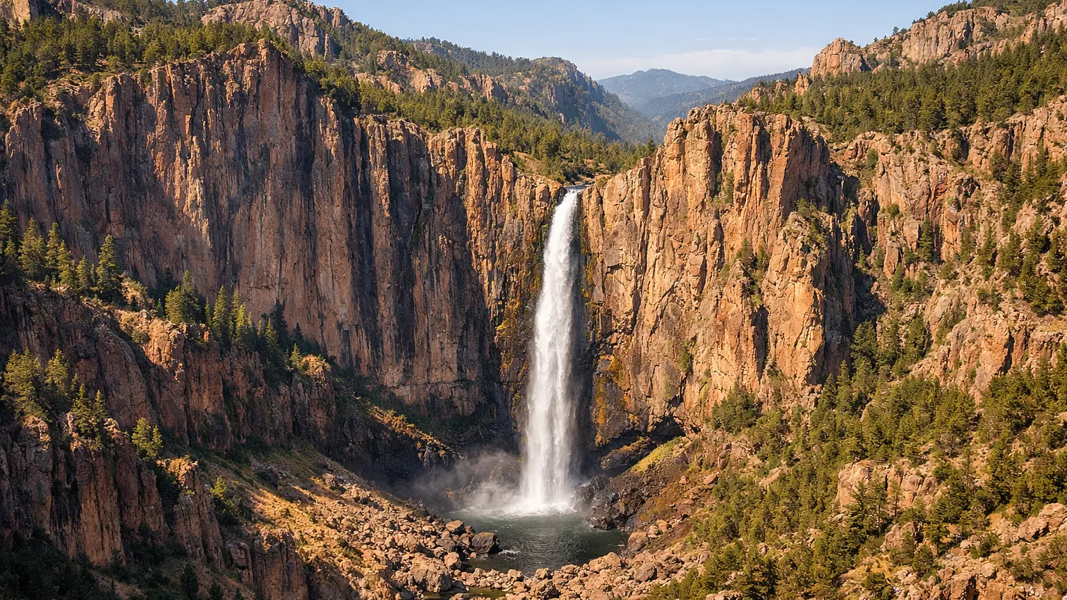 Cascada de Basaseachic waterfall plunging into pine‑rimmed canyon, Chihuahua