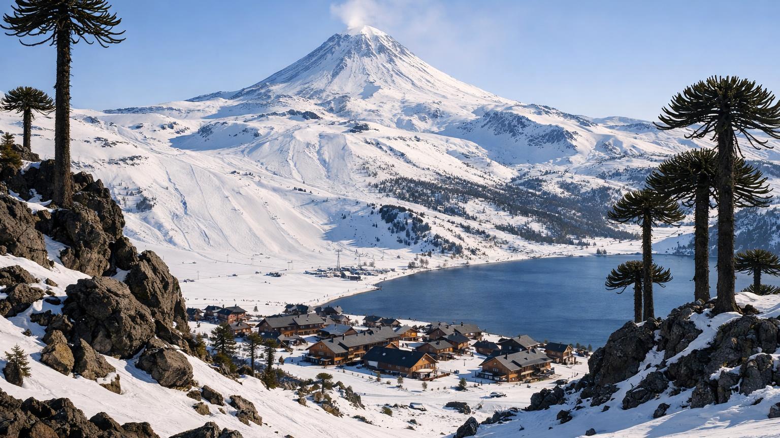 Caviahue Ski broad runs below Copahue volcanic cone