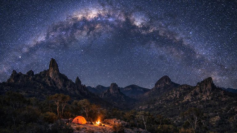 Milky Way over Warrumbungle National Park volcanic peaks