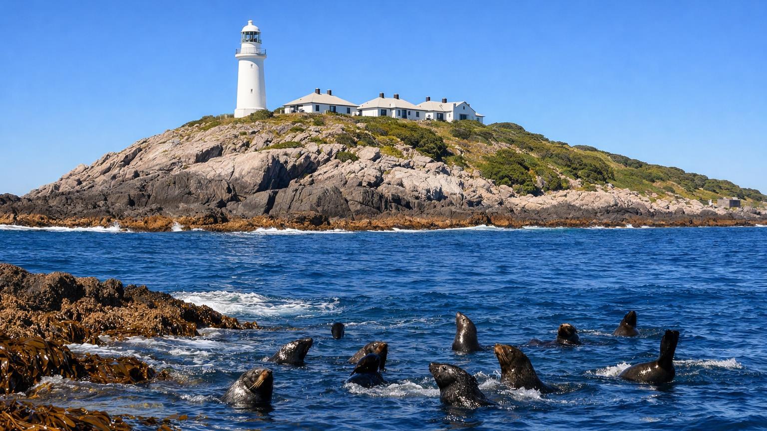 Barunguba Montague Island lighthouse and seals off Narooma
