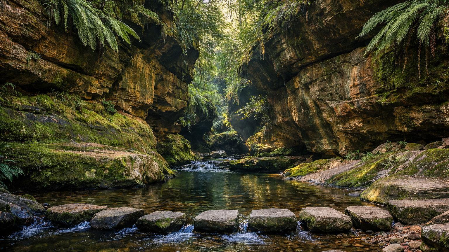 Mossy sandstone canyon at Grand Canyon Track, Blue Mountains